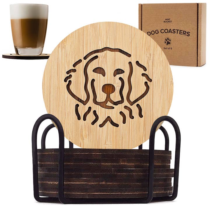 Rudderr, LLC/MintBucket - Wholesale Coasters - Set of 6 Bamboo Engraved Dog Coasters w/Holder - Retriever