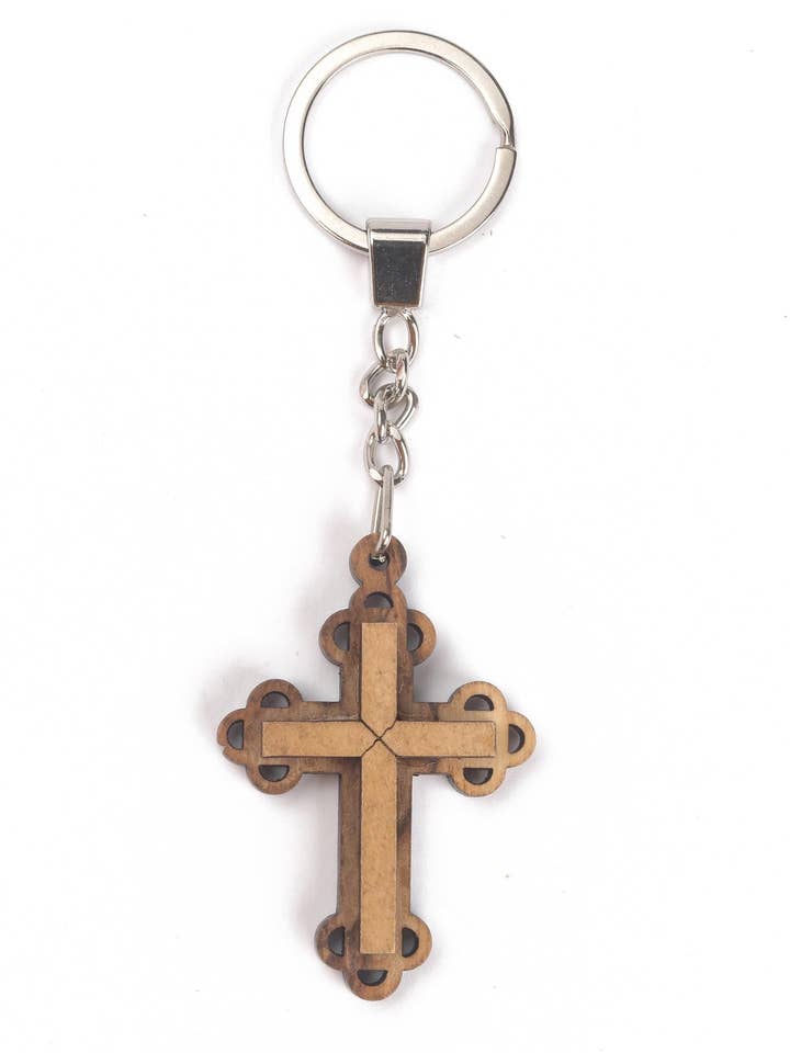Olive Wood Keychain_ Roman Cross for wholesale by Holyland Artisans
