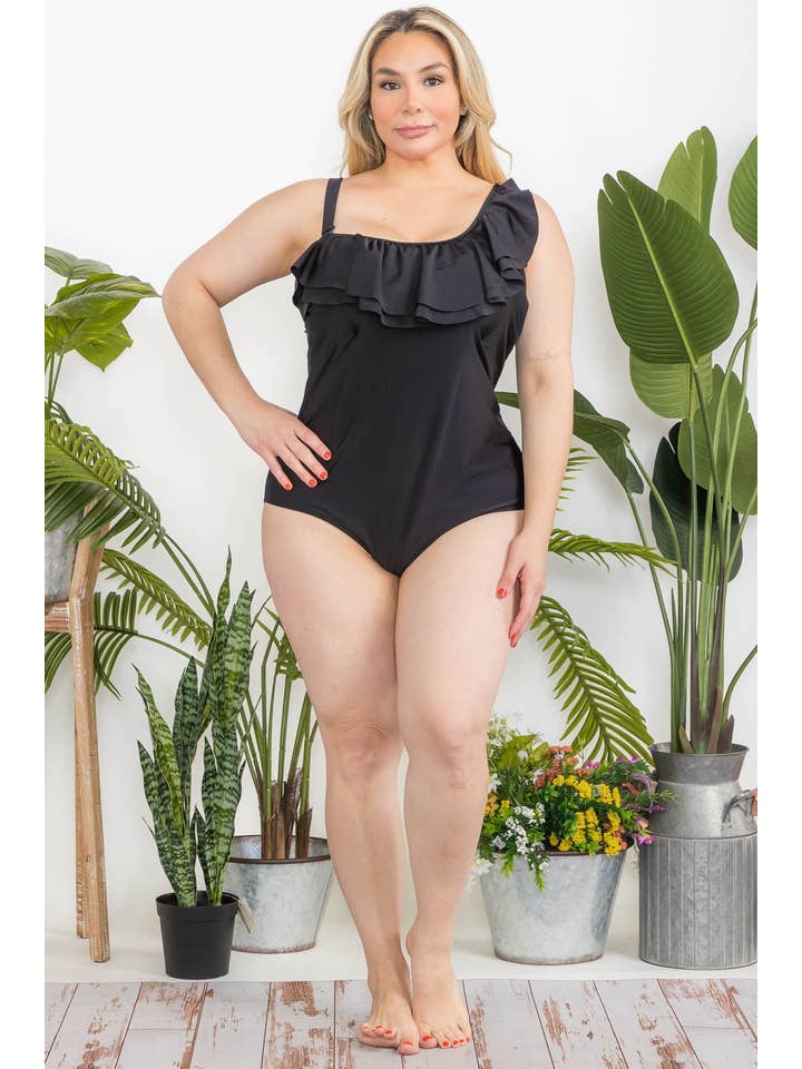 P228395 Black Ruffled One-Shoulder Swimsuit for wholesale on Faire1