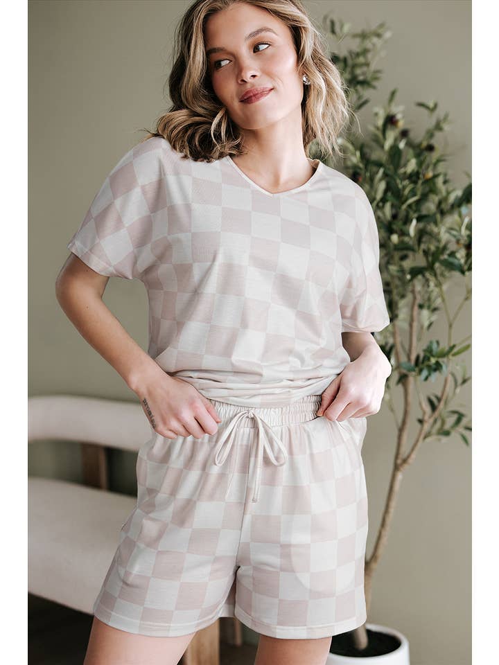 1 the Woman - Wholesale Lounge Set - Women's - Checkered V Neck Tee Drawstring Shorts Lounge Set