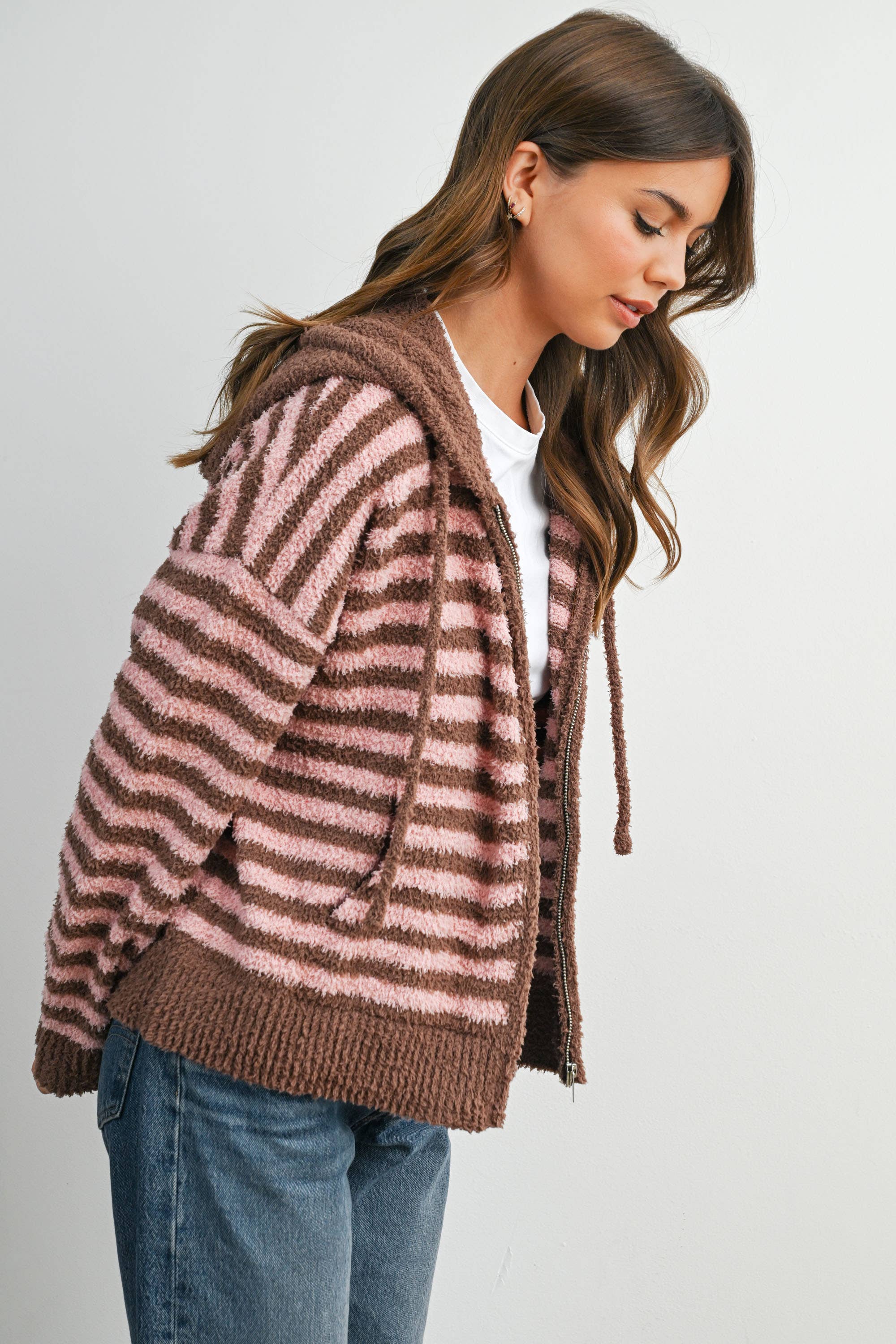 BUTTERMELON - Wholesale Knit Sweater - Women's - Striped Zip-Up Hooded Cardigan - BMC809711
