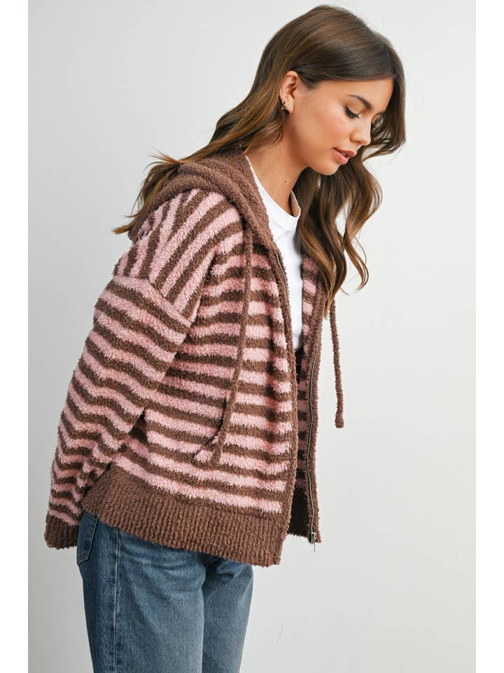 BUTTERMELON - Wholesale Knit Sweater - Women's - Striped Zip-Up Hooded Cardigan - BMC809711