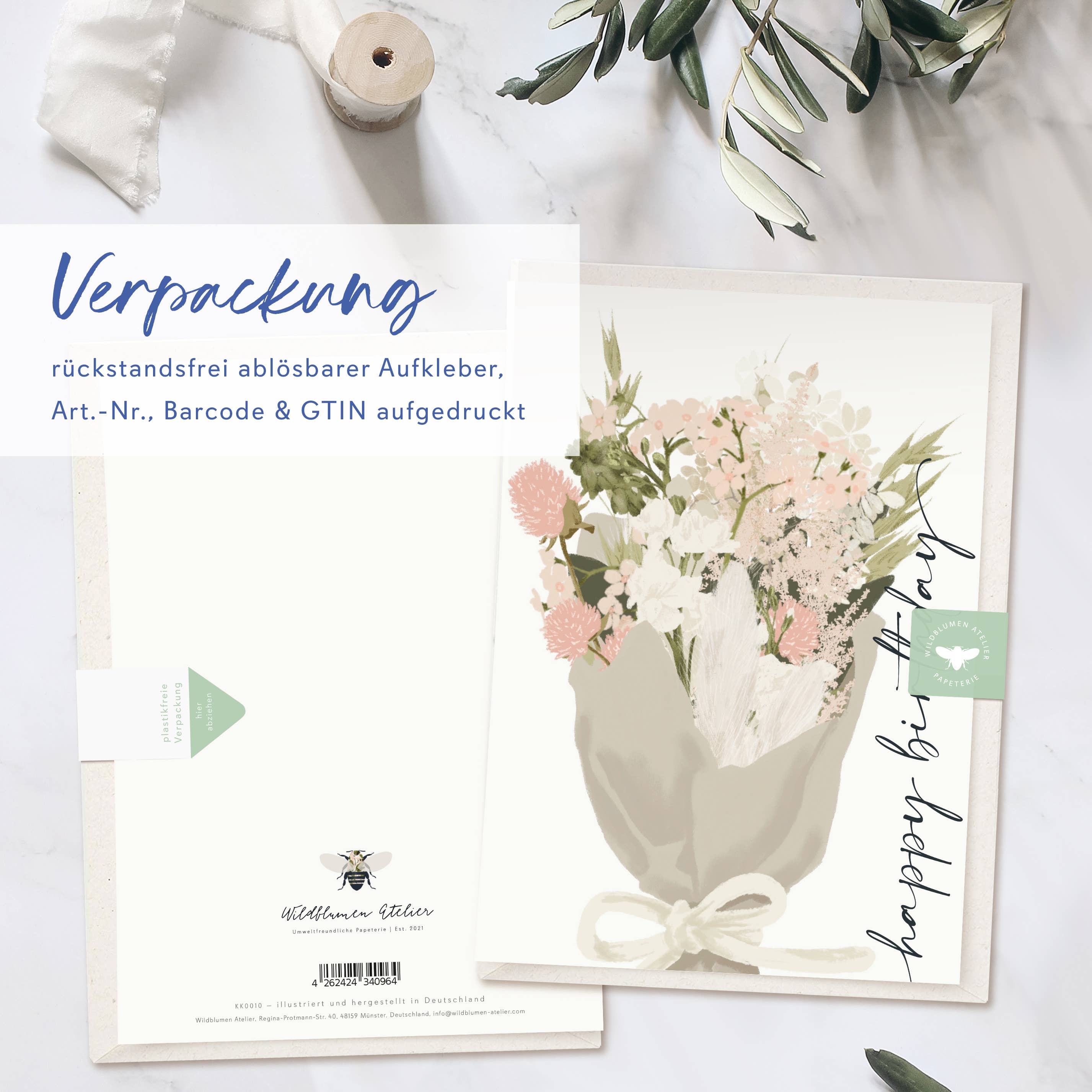 Wildblumen Atelier - Wholesale Birthday Card - Folded card happy birthday pink flowers, with envelope, FSC3