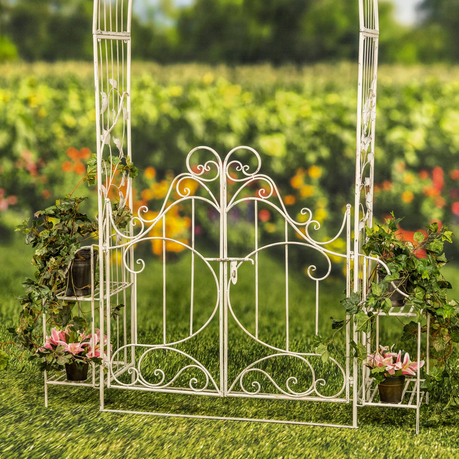 Zaer Ltd. International - Wholesale Outdoor Ornament/Decor - Iron Garden Gate w/Side Plant Stands "Stephania" in 3 Colors18