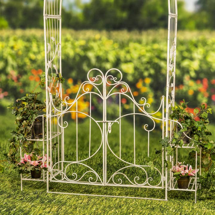 Zaer Ltd. International - Wholesale Outdoor Ornament/Decor - Iron Garden Gate w/Side Plant Stands "Stephania" in 3 Colors18