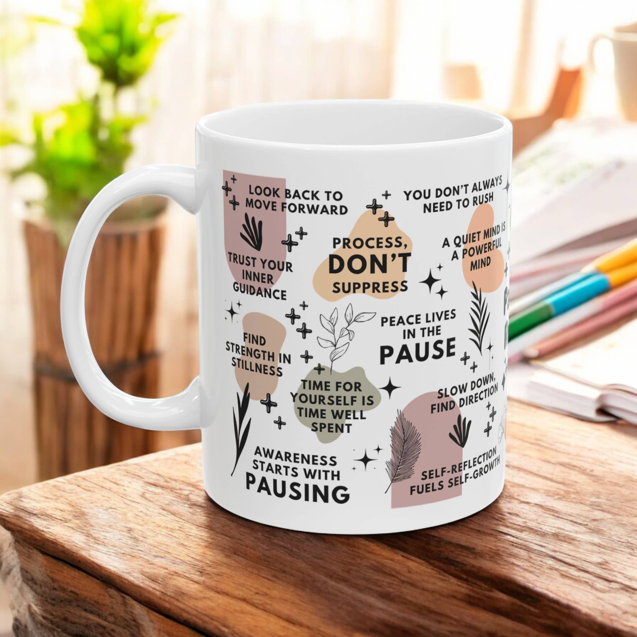 EMESLY - Wholesale Coffee Mug - Pause and Reflect Motivational Ceramic Coffee Mug; 11oz/15oz2