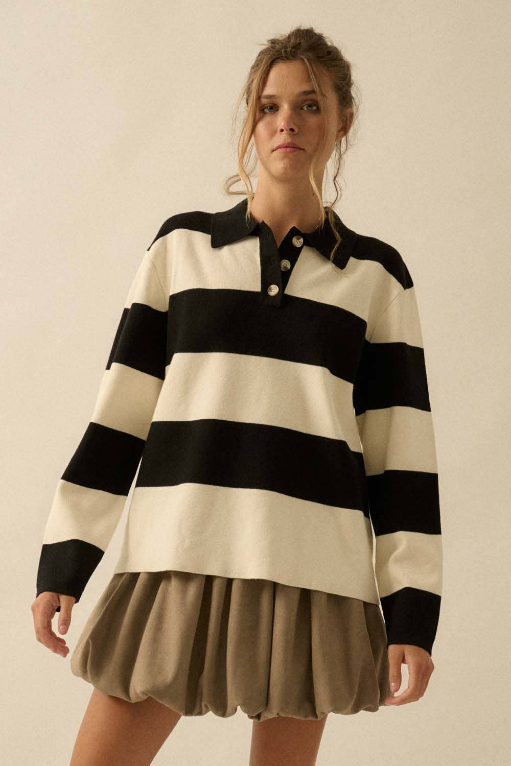 Promesa USA - Wholesale Knit Sweater - Women's - Striped Ribbed Knit Collared Rugby Sweater9