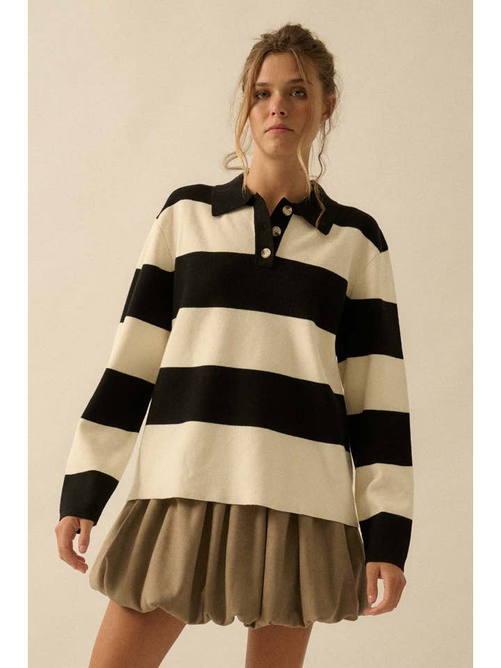 Promesa USA - Wholesale Knit Sweater - Women's - Striped Ribbed Knit Collared Rugby Sweater9