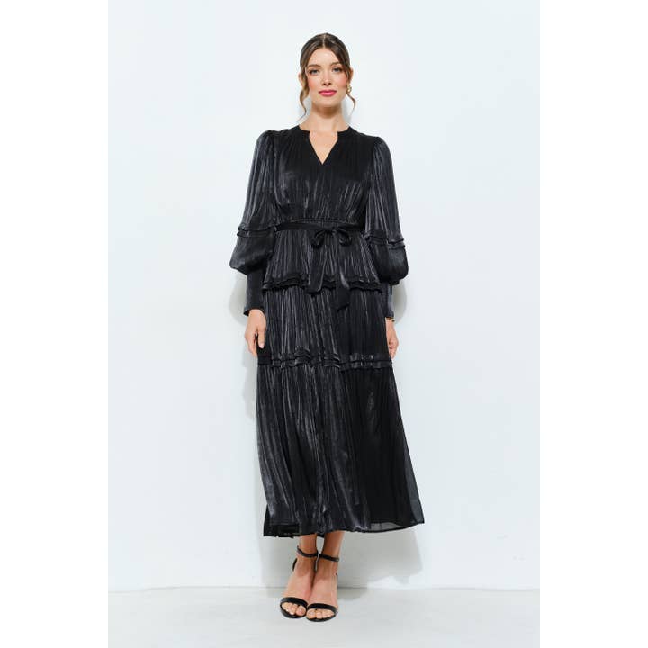 Shimmer Crinkled Long Sleeve Tiered Midi Dress for wholesale by INA