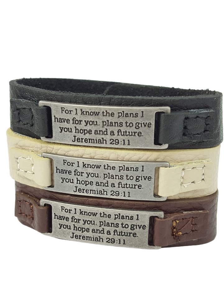 Prepack of 3 Bible Verse Leather Cuffs 29:11 for wholesale by Axesoria West