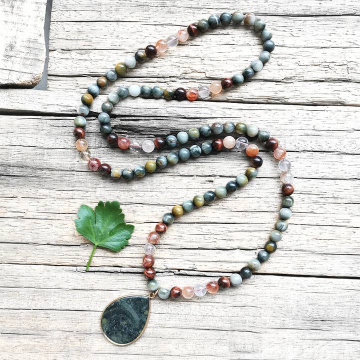 Red Tiger Eye, Fire Quartz, and Green Eagle Eye Mala Bead Necklace – Grounding & Vitality for wholesale by Harmony Mala