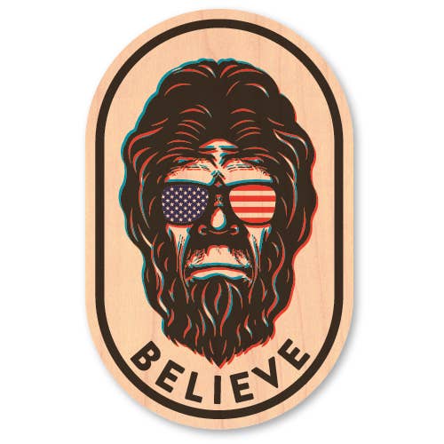 Mini Wood Sticker - Bigfoot 'Merica Believe for wholesale by Morris Magnets