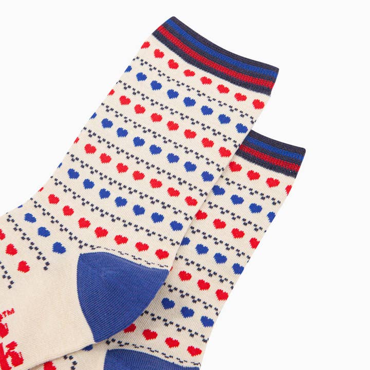 Sock Talk - Wholesale Socks - Women's - Women's Bamboo Socks - Cream/Red/Blue, Heart Fair Isle2