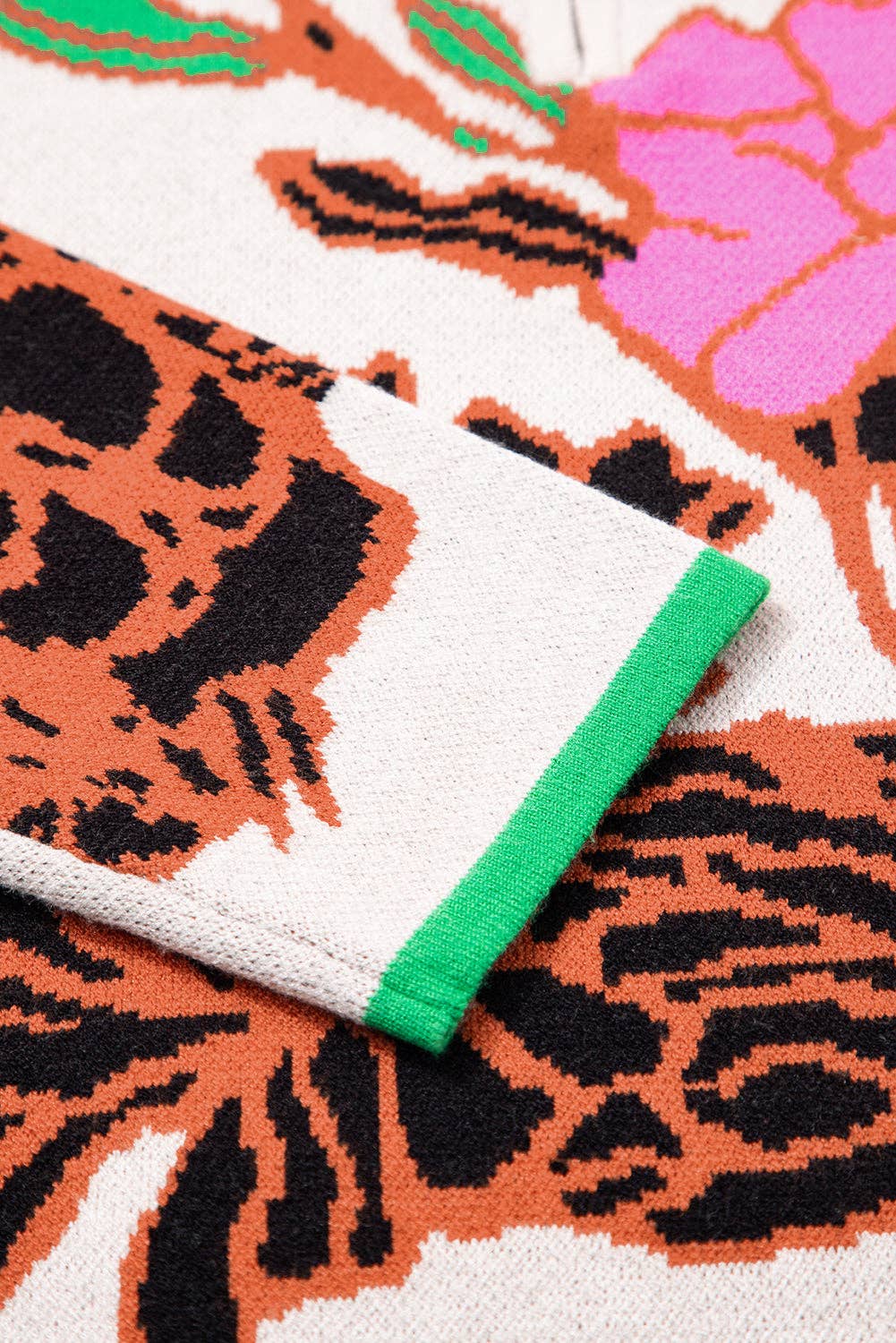 Khaki Floral Pattern Knit Quarter Zip Stand Neck Sweater for wholesale on Faire7