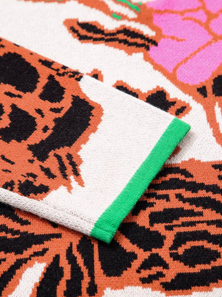 Khaki Floral Pattern Knit Quarter Zip Stand Neck Sweater for wholesale on Faire7