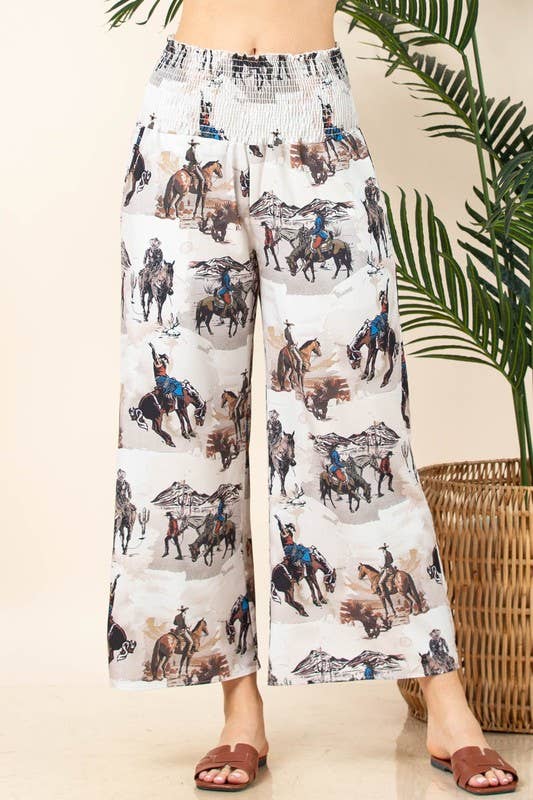 Khaki Multi AV1243-LEO WESTERN PRINT ELASTIC SMOCK WAIST WOVEN PANTS for wholesale on Faire6