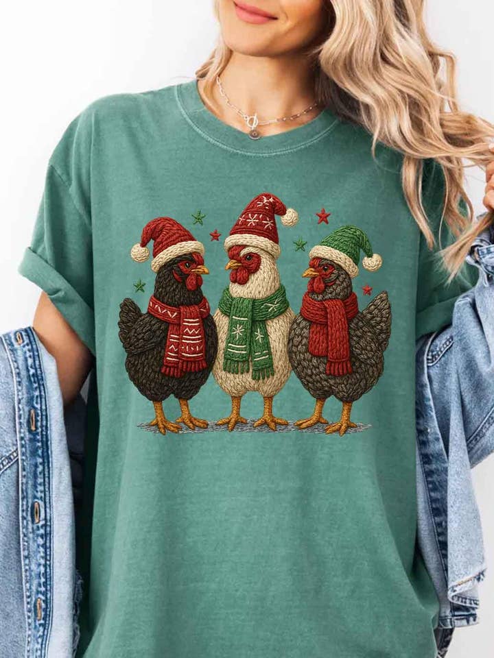 DLT Ecommerce - Wholesale T-shirt (graphic) – women's - Latch Hook Yarn Faux Christmas Chickens Shirt, Crochet Xmas4