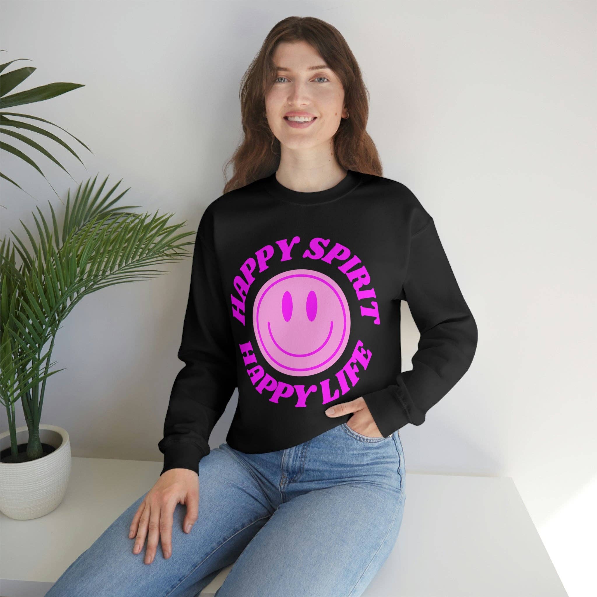 Happy Life Stuff - Wholesale Graphic Sweatshirt - Women's - Happy Spirit Happy Life Sweatshirt, VSCO Girl Crewneck, Oversized Retro Font Graphic Tumblr, Front Print Smile Face Trendy Cover Up59