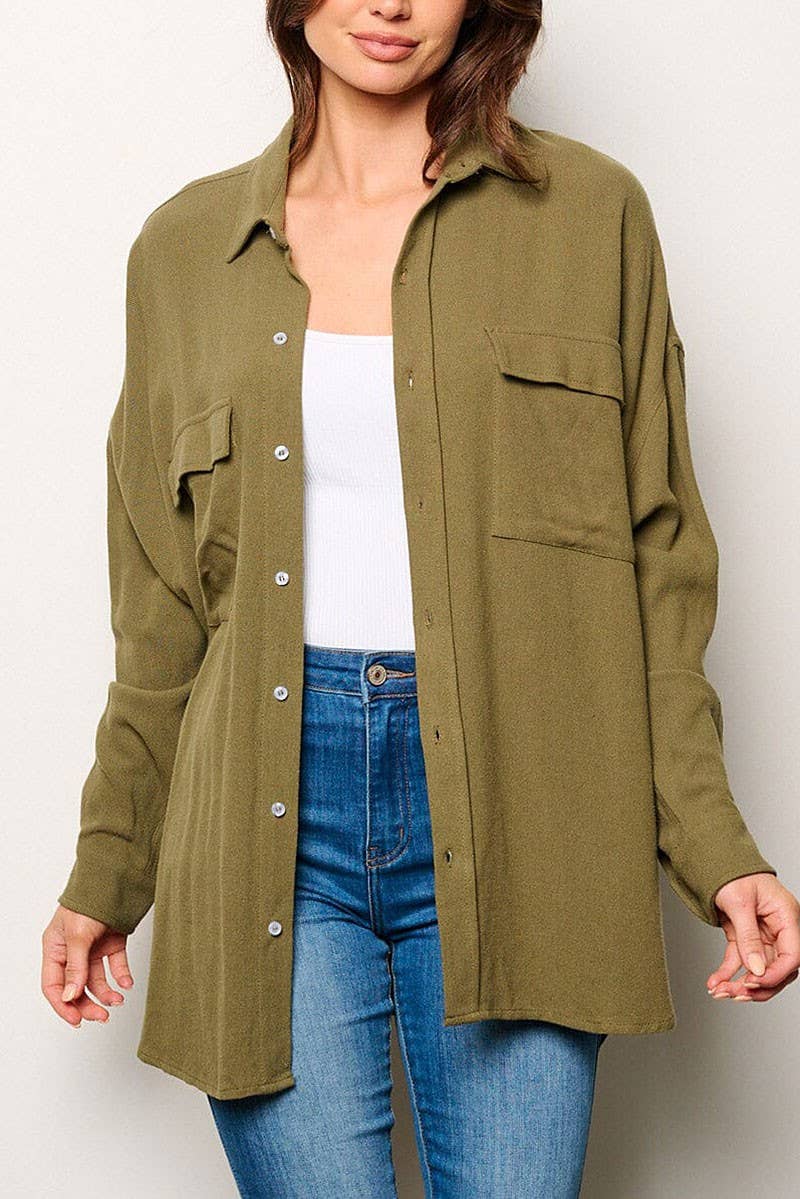 ROUSSEAU - Wholesale Button Down Shirt - Women's - BUTTON UP FRONT POCKETS OVERSIZED SHIRT