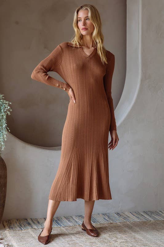 Brown Ribbed Knit Long Sleeve Collared Midi Dress for wholesale on Faire2
