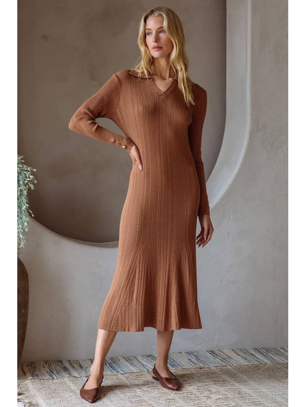 Brown Ribbed Knit Long Sleeve Collared Midi Dress for wholesale on Faire2