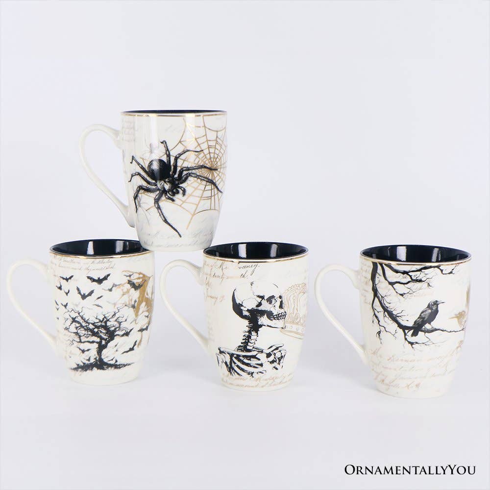 OrnamentallyYou - Wholesale Drinking Glass/Cup - Elegant Goth Set of 4 Ceramic Mugs with Real Gold Trim3