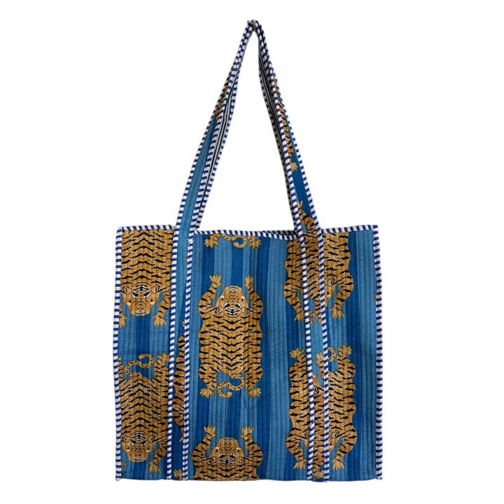 Quilted Block Print Tote - Blue Tiger for wholesale by Golden Lily