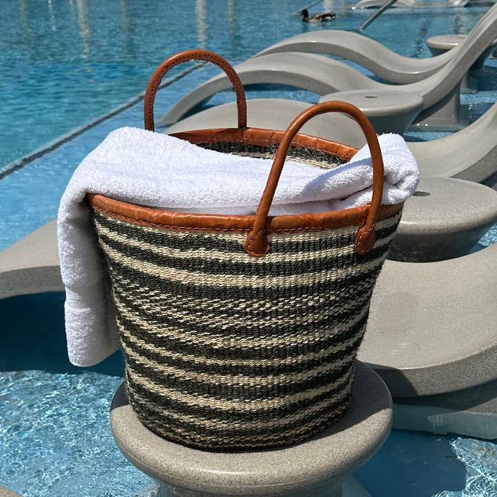 Mifuko Kiondo Kenya Bag with Green & White Stripes for wholesale by The African Home Goods