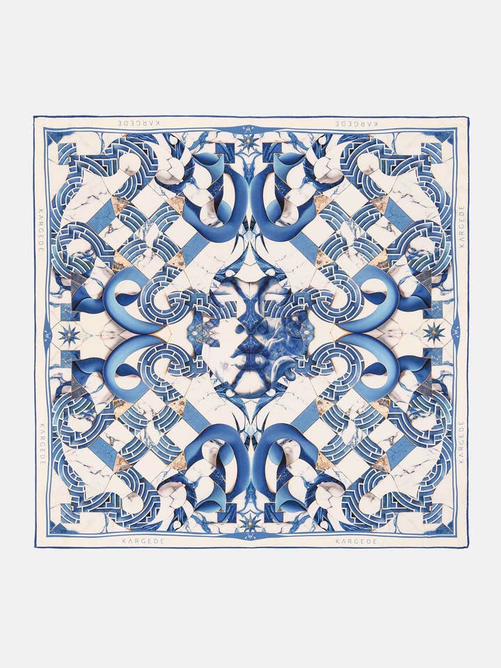 Marble Odyssey – Blue White Double Sided Designer Silk Scarf for wholesale by Kargede