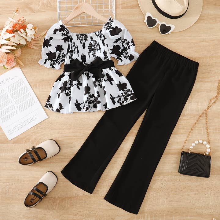 Girl Floral Smocked Top & Solid Pants 2-Piece Set for wholesale by PatPat