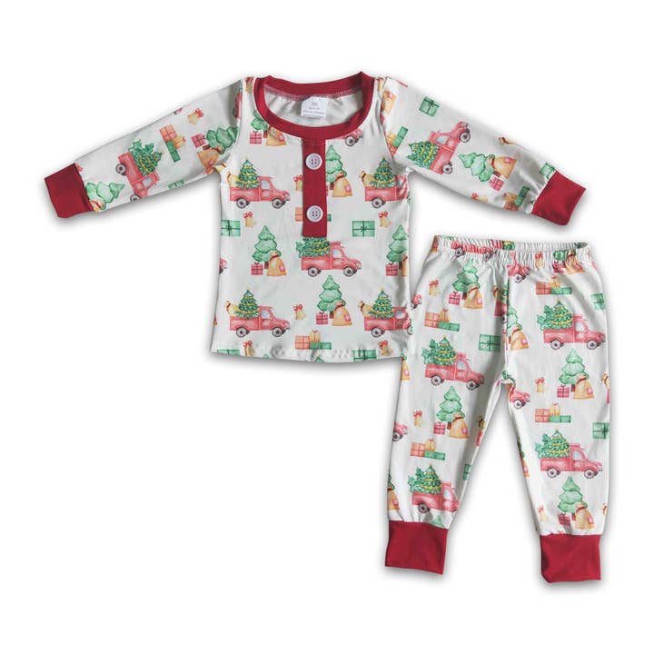 Christmas tree trucks print boy Christmas pajamas for wholesale by Yawoo Garments