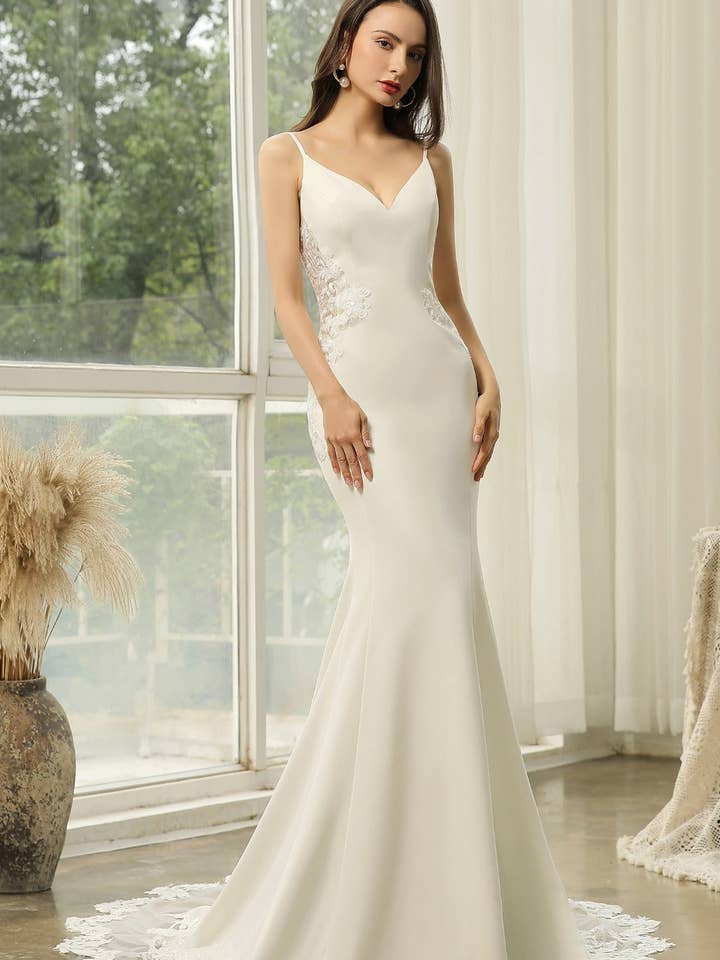 Designer Fit and Flare Wedding Dress with Embroidery Lace Appliqués for wholesale by Bridal DIrect