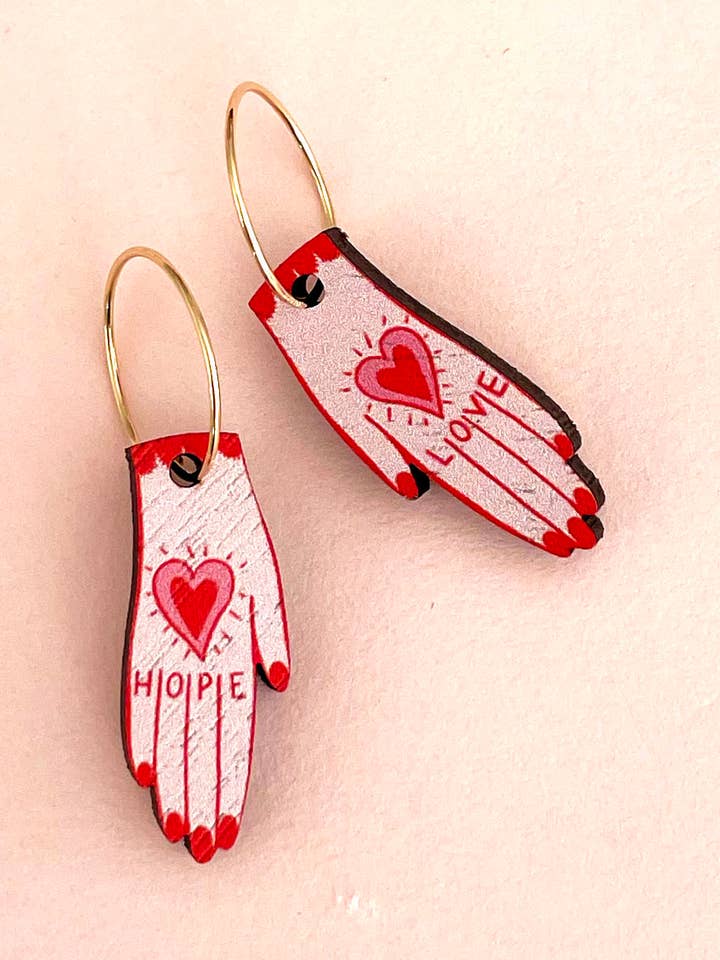 Wooden Charm Earrings: Love and Hope Hands/Gold Filled Hoops for wholesale by Su Owen