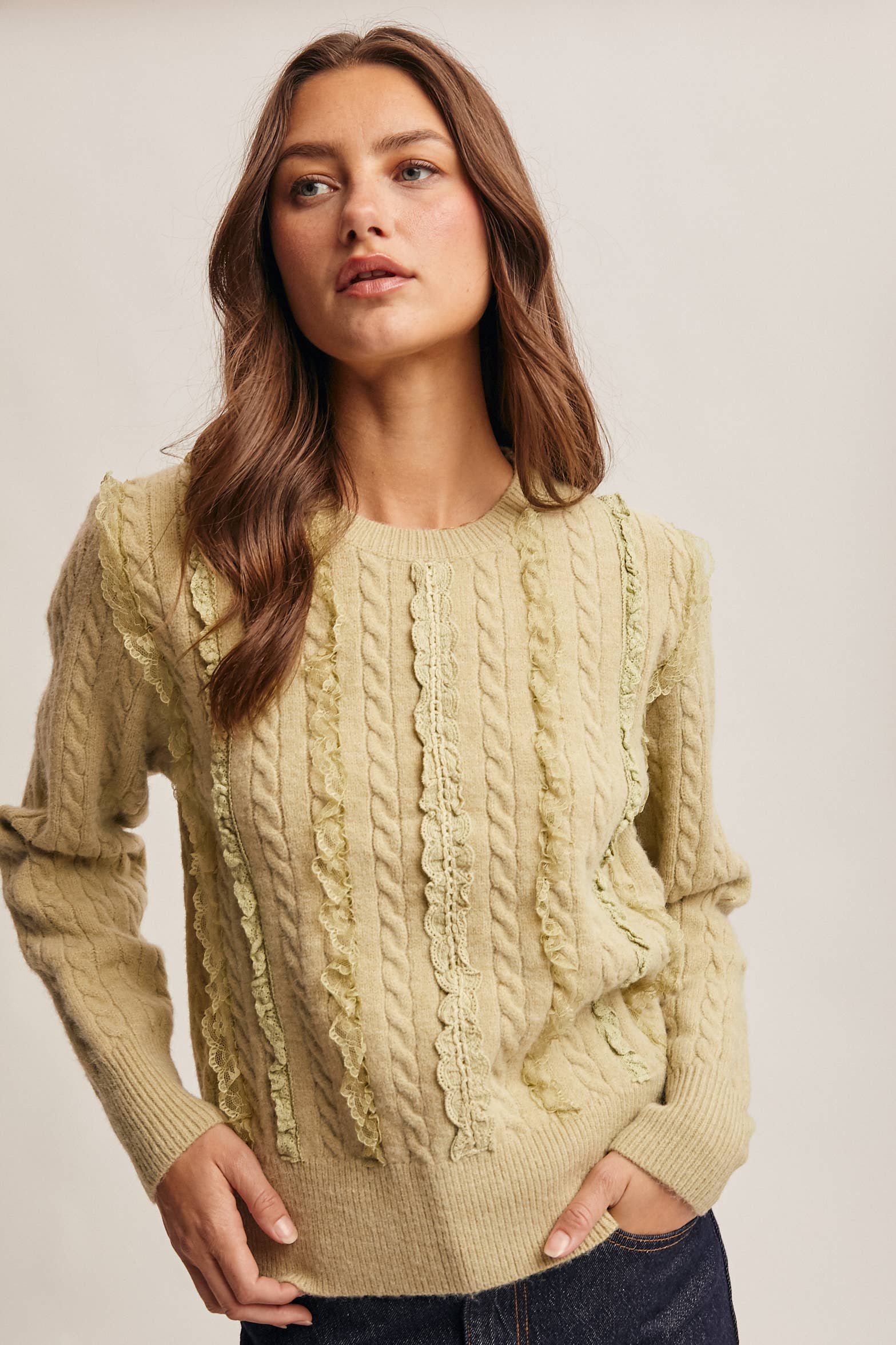Forte - Wholesale Knit Sweater - Women's - Lace Trim Cable Knit Pullover FSW00100