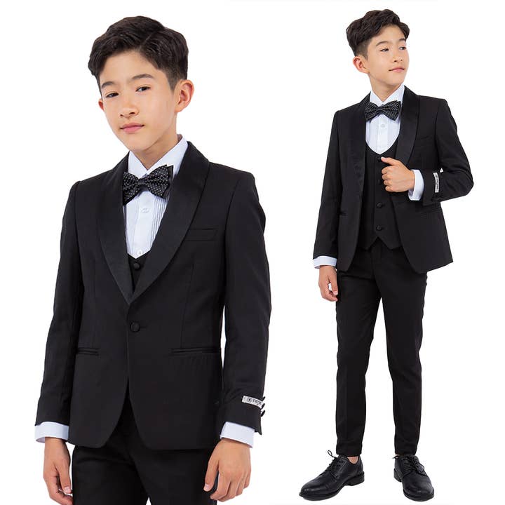 Black Stacy Adams Boys Tuxedo, Slim-Fit 5pc w/ Tuxedo Shirt for wholesale by Suits America