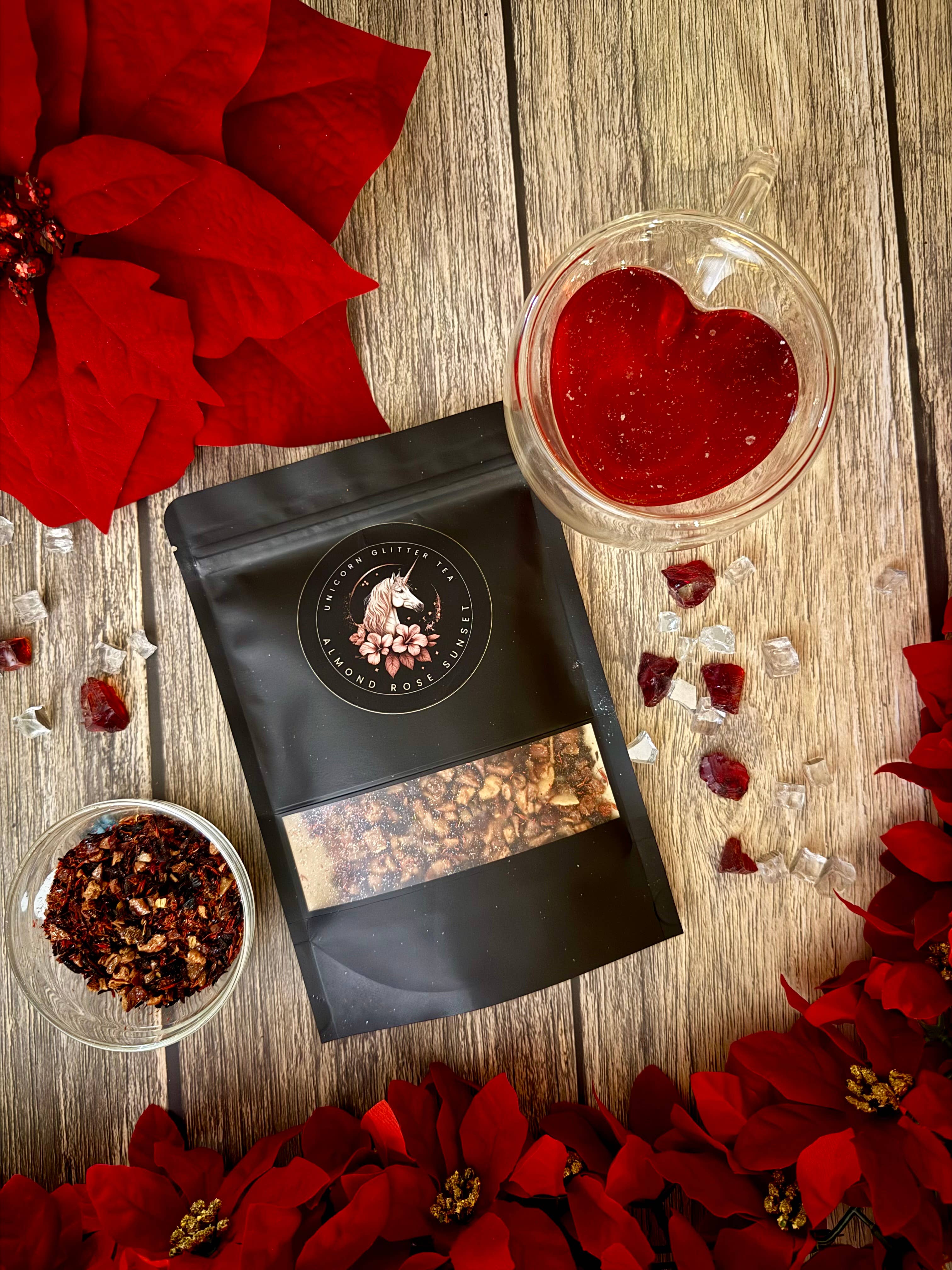 Unicorn Glitter Tea - Venta al por mayor Tés a granel - Té artesanal con purpurina Almond Rose Sunset, almendra, hibisco