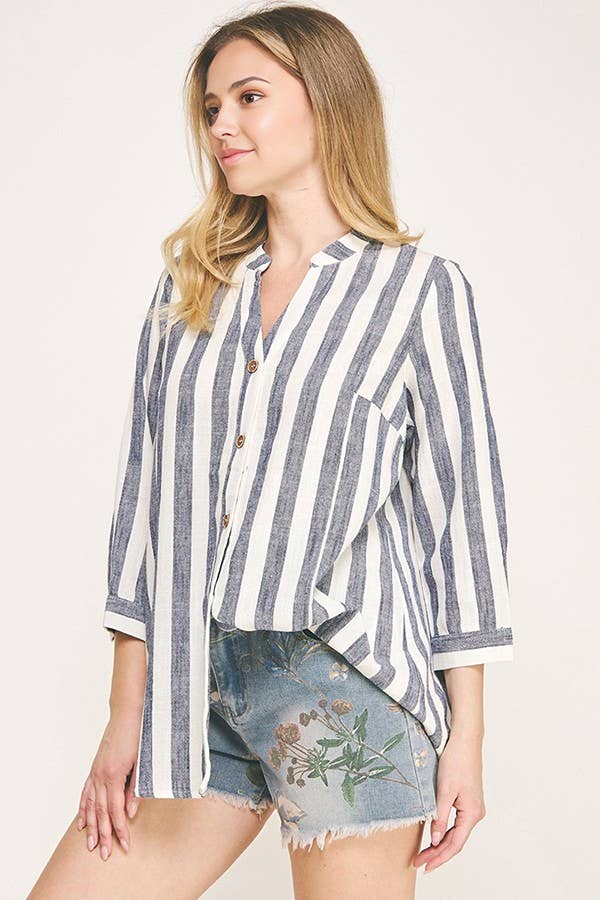 OFF WHITE NAVY T8076L16/THREE QUARTER SLEEVE YARN DYE LINEN SHIRTS  for wholesale on Faire6