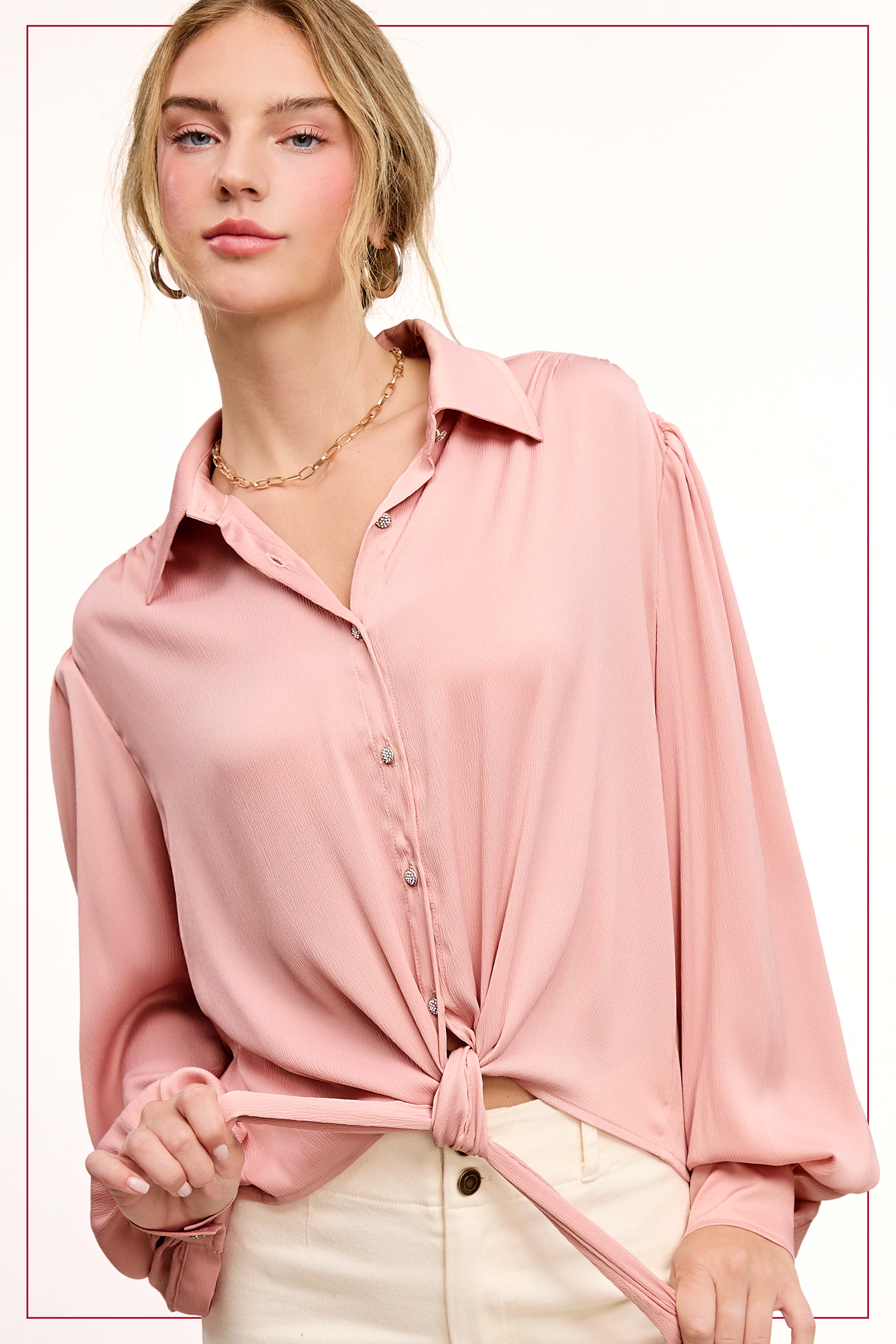 La Miel - Wholesale Button Down Shirt - Women's - SRT7806-Flowy Button Down Balloon Sleeve Tie-Front Shirt21