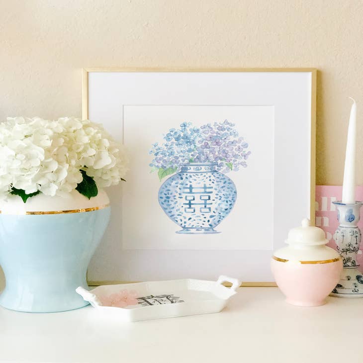 Wholesale Ginger Jar with Hydrangeas Watercolor Art Print for your store -  Faire