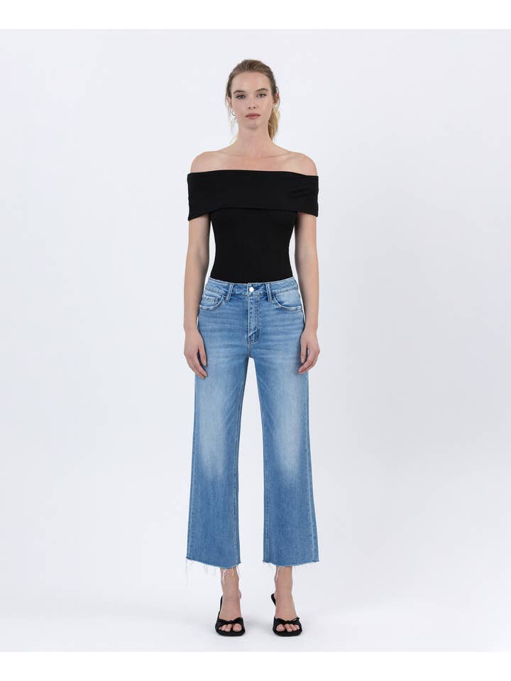 WELL BALANCED HIGH RISE RAW HEM CROP SLIM WIDE JEANS F6086 for wholesale on Faire2