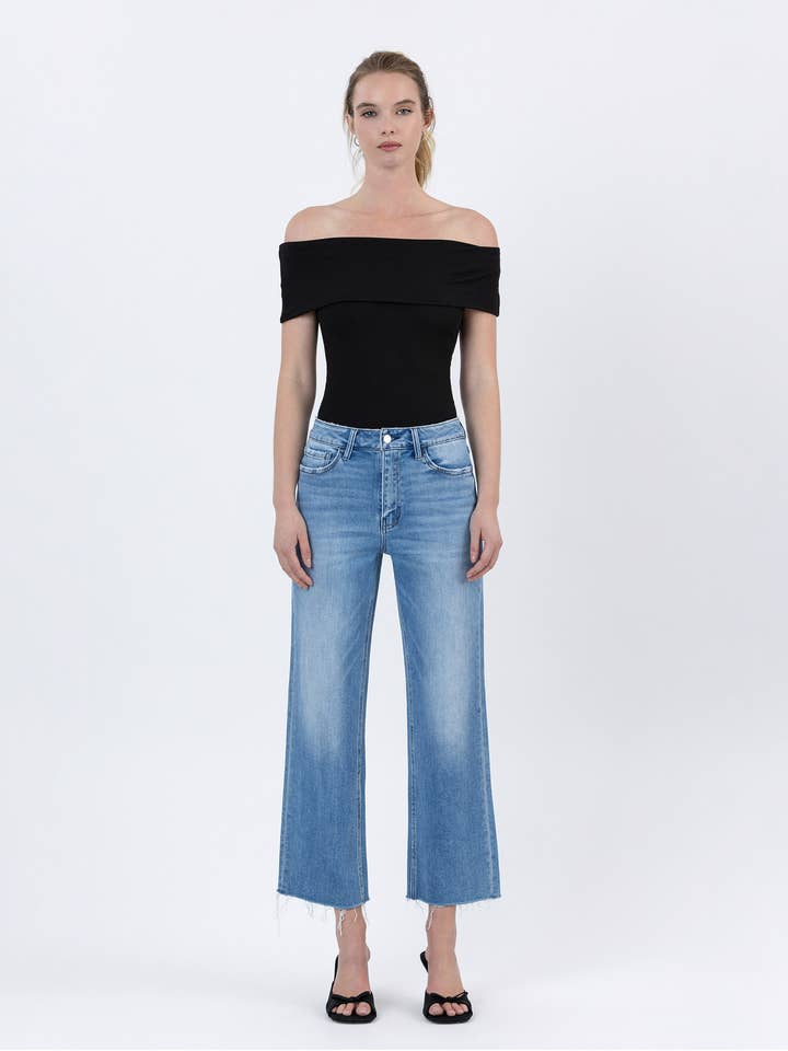 HIGH RISE RAW HEM CROP SLIM WIDE JEANS F6086 for wholesale by FLYING MONKEY