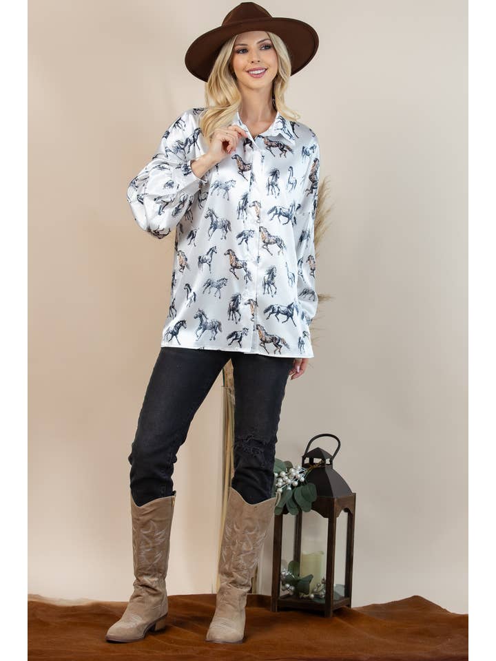T1361S-4931-Western Horse Graphic Print Satin Button Down To for wholesale on Faire