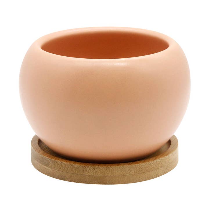 Fioriera in ceramica color salmone rosa con sottovaso in bambù | Rotonda da 3,5" per la vendita all'ingrosso da parte di O Yeah Gifts