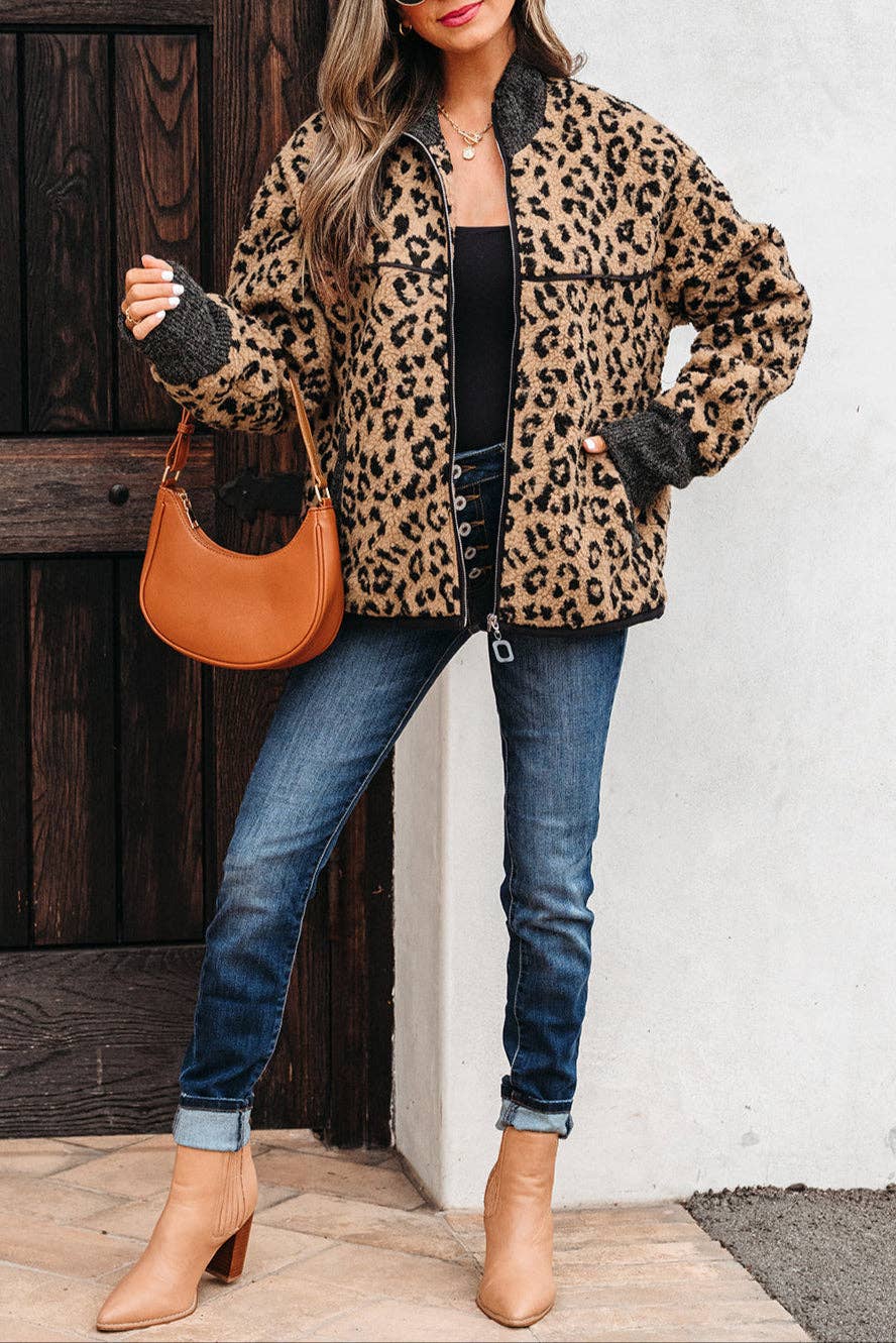 Khaki Leopard Zip-Up Side Pocket Jacket for wholesale on Faire4