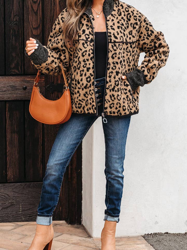Khaki Leopard Zip-Up Side Pocket Jacket for wholesale on Faire4