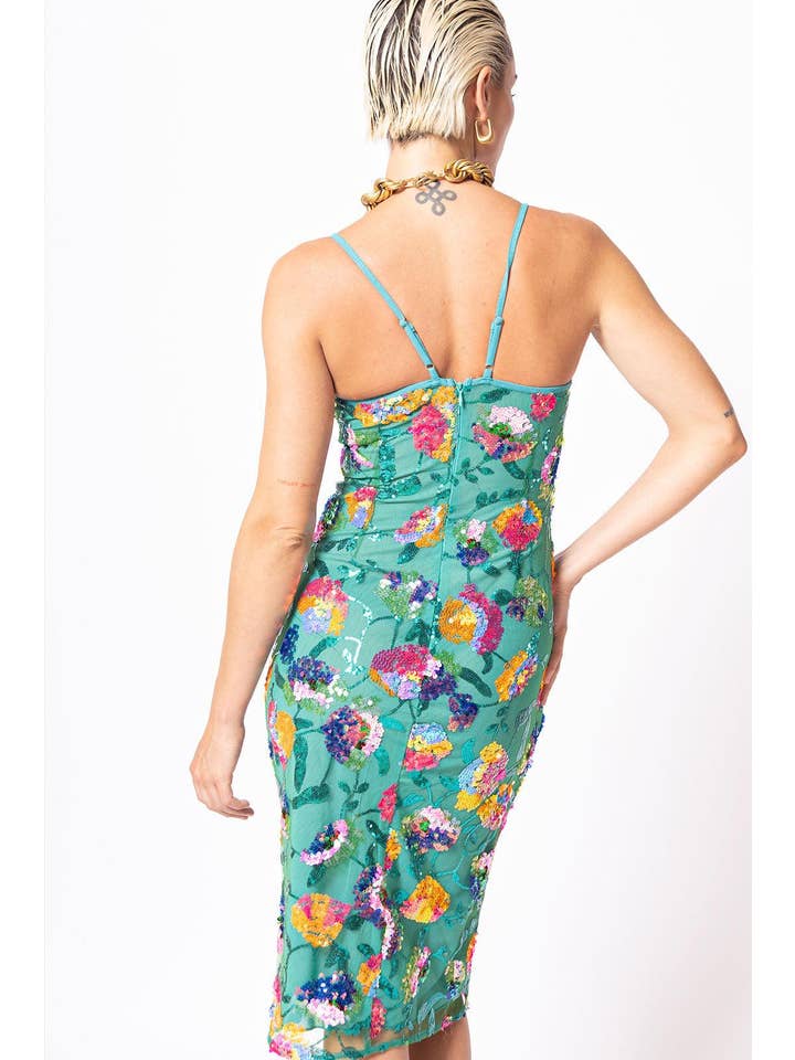 Elsie & Fred – Großhandel Kleid – Damen – Las Dalias Grünes Paillettenkleid3