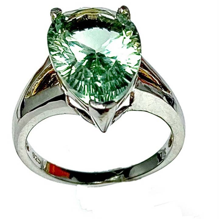 Classic Green Amethyst Pear Solitaire Sterling Silver Ring for wholesale by Twan Kee Jewelry