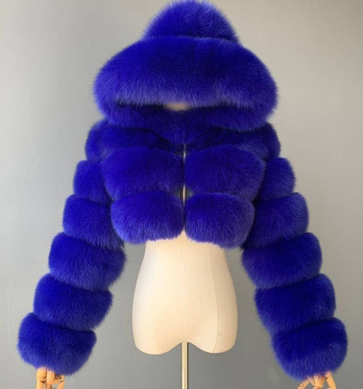 BLEU EVERY FASHION Doudoune de Luxe en Fausse Fourrure avec Capuche Oversize en vente sur Faire