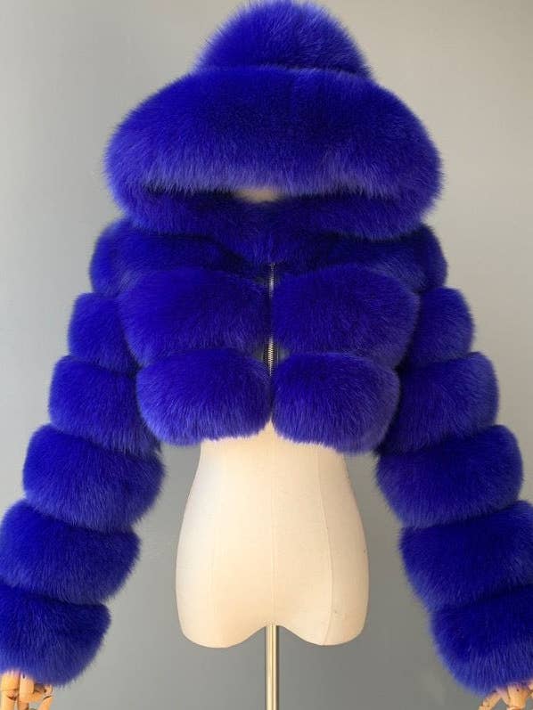 BLEU EVERY FASHION Doudoune de Luxe en Fausse Fourrure avec Capuche Oversize en vente sur Faire0