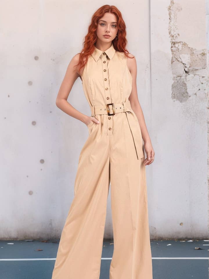 Solid Sleeveless Button-Down Jump-suit for wholesale by Pink Irene Wholesale